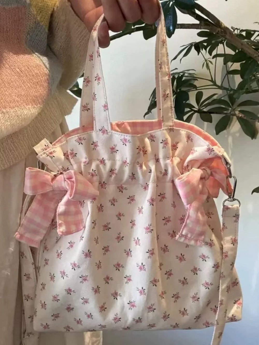 Pink Floral Tote with Gingham Bow Accents - Picture 2 of 3